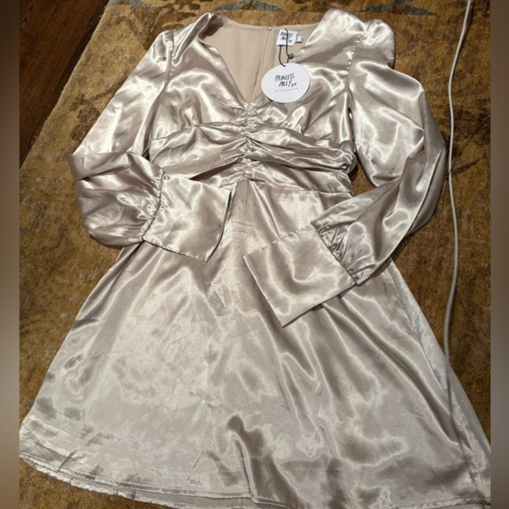 Princess Polly silver fit & flare long sleeve romantic dress size 10 NWT